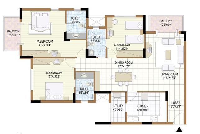 Plan of three bedroom unit at prestige Notting Hill