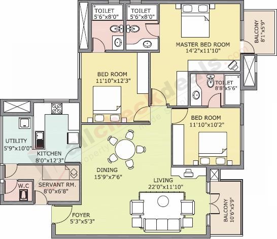 Three bedroom plan of Prestige Kensington Gardens