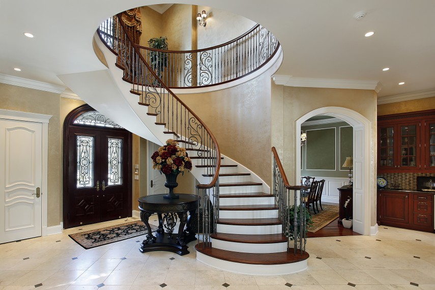 curved stairs in dining room