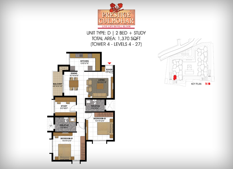 Plan of two bedroom with study