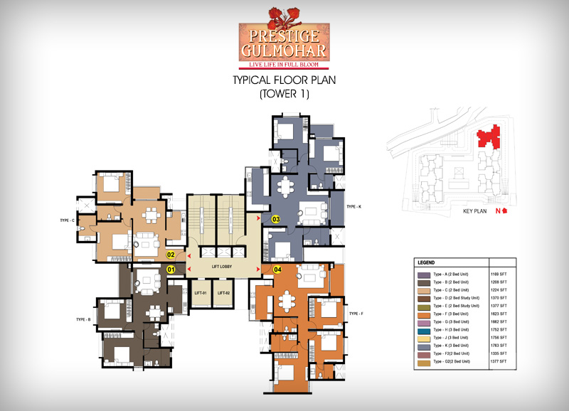 Typical Floor Plan in Tower 1 of Prestige Gulmohar