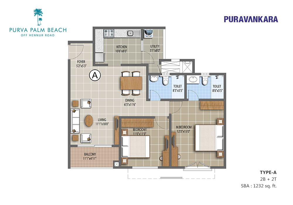 Two-bed plan in Purva Palm Beach