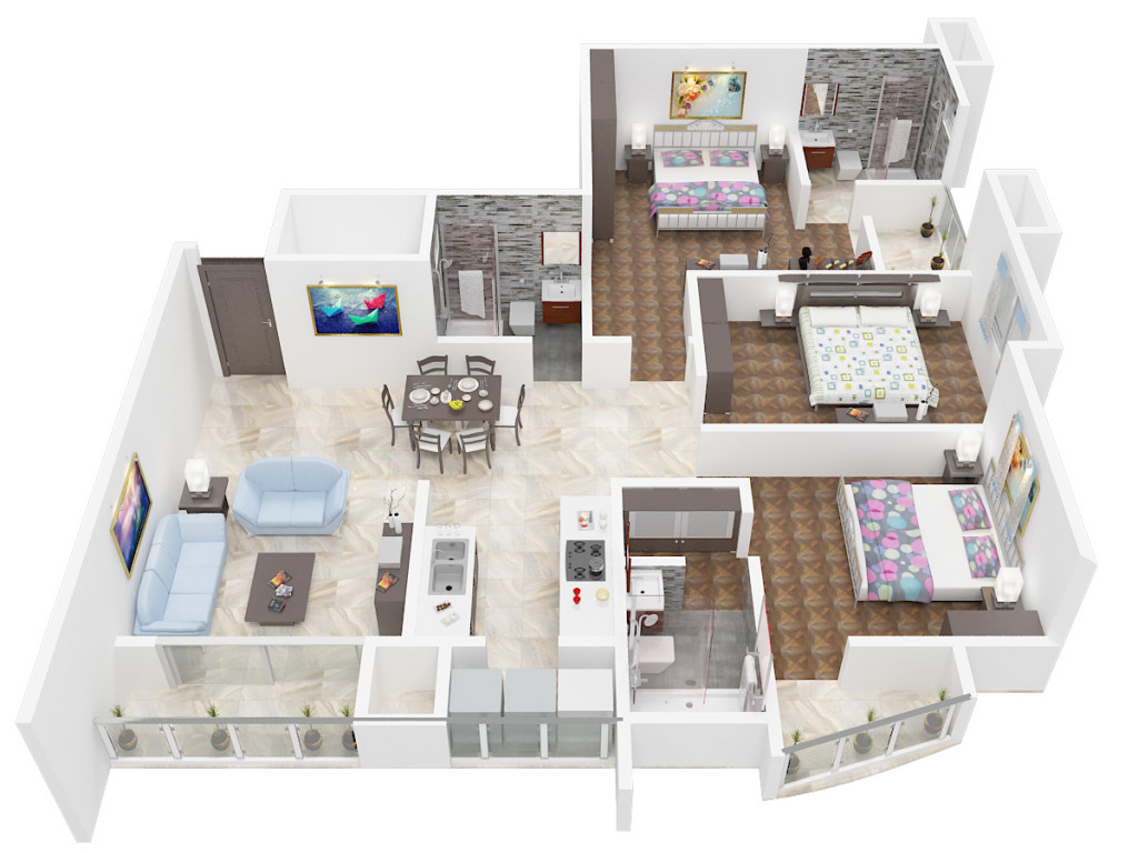 A 3D view of a 3-bed unit in Kolte Patil Mirabilis